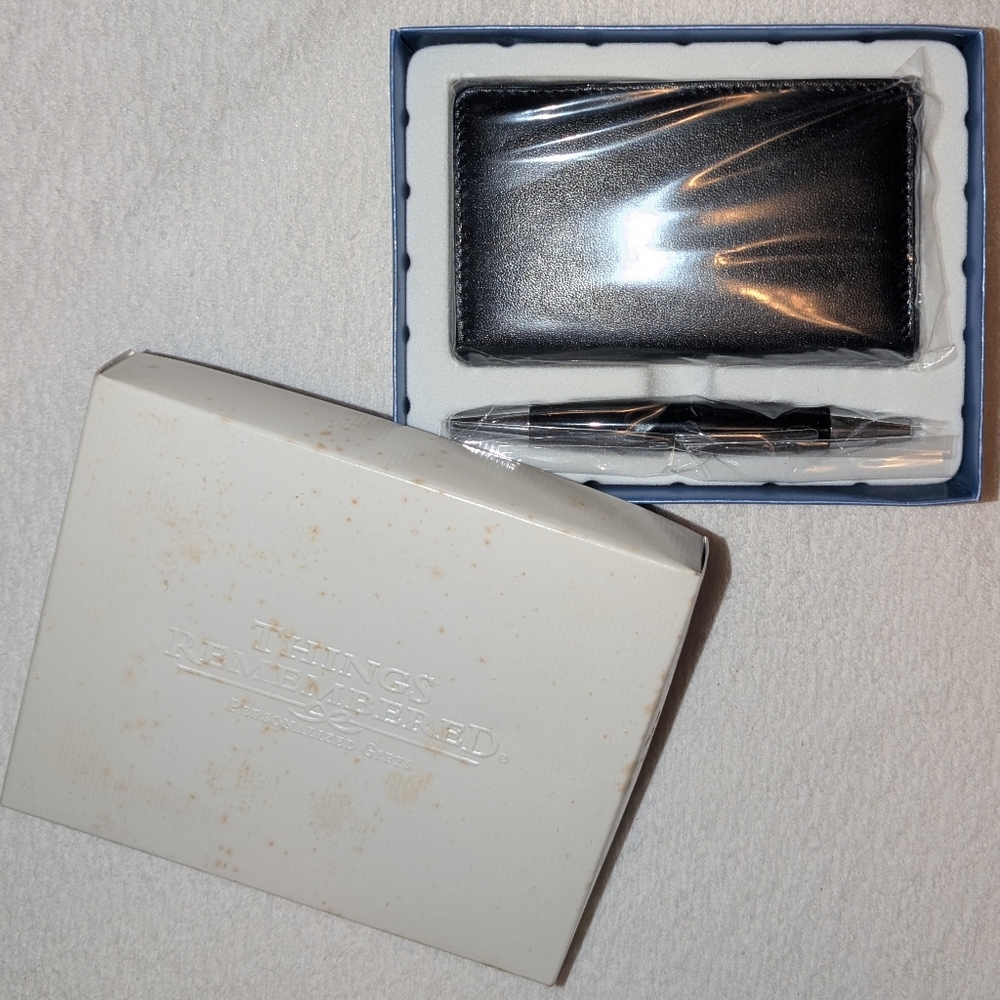 Black Leather Business Card Holder and Pen Set